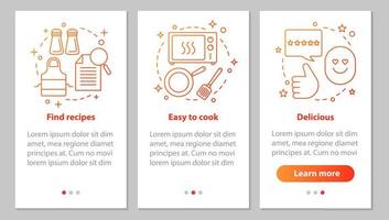 écran de page d'application mobile d'intégration de cuisine alimentaire avec des concepts linéaires. trouver des recettes, la préparation des repas, des instructions graphiques sur les étapes de plats délicieux. ux, ui, modèle vectoriel gui avec illustrations