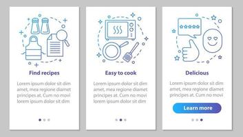 écran de page d'application mobile d'intégration de cuisine alimentaire avec des concepts linéaires. trouver des recettes, la préparation des repas, des instructions graphiques sur les étapes de plats délicieux. ux, ui, modèle vectoriel gui avec illustrations