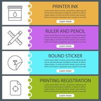 ensemble de modèles de bannières web d'impression. encre d'imprimante, règle et crayon, autocollant rond, enregistrement d'impression. éléments de menu couleur du site Web avec des icônes linéaires. concepts de conception d'en-têtes vectoriels vecteur