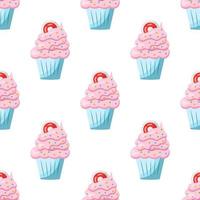 modèle de cupcake sans couture avec crème rose. illustration vectorielle sur fond blanc. vecteur