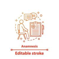 icône de concept d'anamnèse. antécédents médicaux. carte de malade. illustration de la ligne mince de l'idée de rendez-vous chez le médecin. la médecine et les soins de santé. dessin de contour isolé de vecteur. trait modifiable vecteur