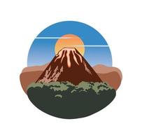 paysage de montagne volcanique avec illustration de conception d'arbres, de ciel et de soleil vecteur