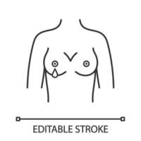 icône linéaire de décharge de mamelon. saignement mammaire. mastopathie. illustration de la ligne mince. lactation. cancer du sein ou symptôme de grossesse. symbole de contour. dessin de contour isolé de vecteur. trait modifiable vecteur