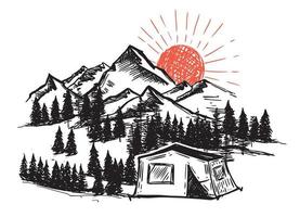 camping dans la nature, paysage de montagne, style de croquis, illustrations vectorielles.