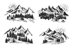 croquis camping dans la nature, paysage de montagne, illustrations vectorielles.