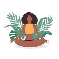 femme heureuse africaine méditant dans la nature et les feuilles. illustration de concept pour le yoga, la méditation, la détente, un mode de vie sain. illustration vectorielle vecteur