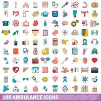 Ensemble de 100 icônes d'ambulance, style dessin animé vecteur