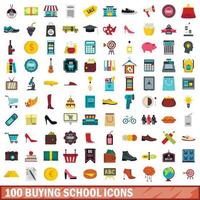 100 icônes d'école d'achat, style plat vecteur