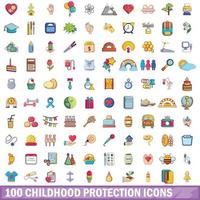 Ensemble de 100 icônes de protection de l'enfance, style cartoon
