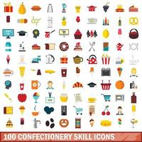 Ensemble de 100 icônes de compétence de confiserie, style plat