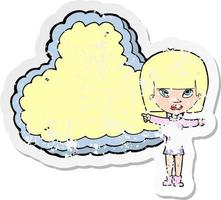 autocollant rétro en détresse d'une femme de dessin animé avec un espace de texte en nuage vecteur