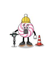 Caricature de personnage de spirale de sucette travaillant sur la construction de routes vecteur