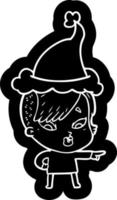 icône de dessin animé d'une fille surprise pointant portant un bonnet de noel vecteur
