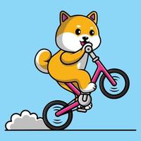 mignon shiba inu chien équitation vélo dessin animé vecteur icône illustration. concept d'icône de sport animal isolé vecteur premium