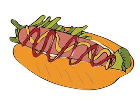 l'alimentation de rue. Fast food. saucisse dans un petit pain avec salade, moutarde et ketchup. illustration de stock de vecteur. vecteur
