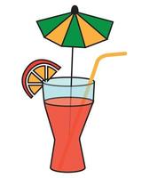 cocktail orange dans un verre en verre avec un parapluie et une paille dans un style dessin animé. illustration de stock de vecteur isolé sur fond blanc.