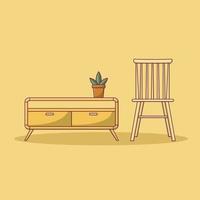 chaise en bois et illustration vectorielle de table. objet. intérieur. style de dessin animé plat adapté à la page de destination web, à la bannière, au dépliant, à l'autocollant, à la carte, à l'arrière-plan vecteur