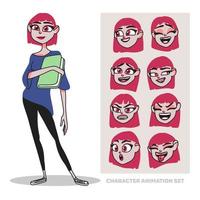 jeu d'animation de personnages, jeune femme, en pleine croissance, avec un livre, créant des personnes avec des émotions, doodle vecteur