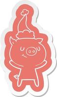 autocollant de dessin animé heureux d'un cochon portant un bonnet de noel vecteur