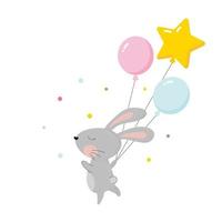 illustration vectorielle avec lapin tenant des ballons. carte d'anniversaire. clipart plat pour enfants pour invitation d'anniversaire, bannières. mignon petit lapin vecteur