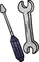 doodle dessin animé texturé d'une clé et d'un tournevis vecteur
