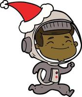 heureux dessin au trait d'un astronaute portant un bonnet de noel vecteur