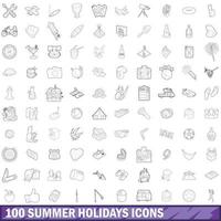 Ensemble de 100 icônes de vacances d'été, style de contour vecteur