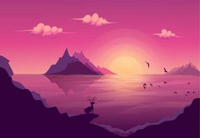 cerf debout sur le rocher regardant le paysage mer de l'île de montagne avec soleil et nuages le long du troupeau d'oiseaux volants