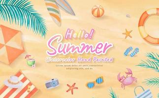 vue de dessus sur le sable de la plage avec planche de surf, parapluie, ballon, anneau de bain, lunettes de soleil, chapeau, sandale, étoile de mer en vacances d'été voyage de tourisme tropical. aquarelle peinte à la main vecteur