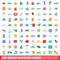 Ensemble de 100 icônes de vacances à la plage, style cartoon vecteur