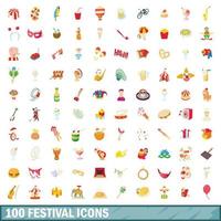 Ensemble de 100 icônes de festival, style dessin animé vecteur