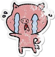 autocollant en détresse d'un dessin animé de cochon qui pleure vecteur