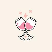 icône d'illustration de verres à vin dessinés à la main. conception de contour moderne montrant une paire de verres avec du vin rose et des étincelles autour d'eux. fond isolé, vecteur. vecteur