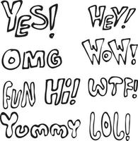 texte de doodle dessiné à la main sous la forme de oui, hé, omg, wow, amusant, salut, lol, délicieux entre autres vecteur