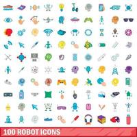 Ensemble de 100 icônes de robot, style dessin animé vecteur