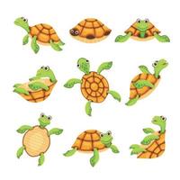 heureux, tortue, icônes, ensemble, dessin animé, style vecteur