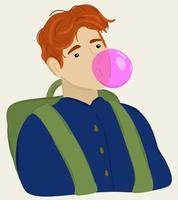 illustration vectorielle d'un garçon avec sac à dos, mâchant un chewing-gum. vecteur