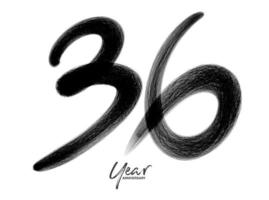 Modèle de vecteur de célébration d'anniversaire de 36 ans, création de logo de 36 ans, 36e anniversaire, numéros de lettrage noir dessin au pinceau croquis dessiné à la main, illustration vectorielle de numéro de conception de logo