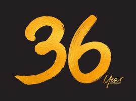 modèle vectoriel de célébration d'anniversaire de 36 ans d'or, création de logo de 36 ans, 36e anniversaire, numéros de lettrage d'or dessin au pinceau croquis dessiné à la main, illustration vectorielle de numéro de conception de logo