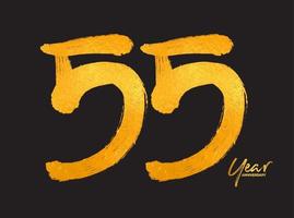 modèle vectoriel de célébration d'anniversaire de 55 ans d'or, création de logo de 55 ans, 55e anniversaire, numéros de lettrage d'or dessin au pinceau croquis dessiné à la main, illustration vectorielle de numéro de conception de logo
