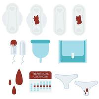 kit de périodes zéro déchet isolé sur fond blanc. serviettes hygiéniques réutilisables et coupe menstruelle contre tampon et serviettes hygiéniques. illustration stylée de dessin animé de conception plate de vecteur. concept écologique. vecteur