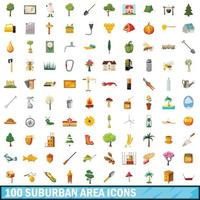 Ensemble de 100 icônes de zone suburbaine, style cartoon vecteur