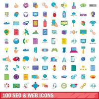 Ensemble de 100 icônes seo et web, style cartoon vecteur