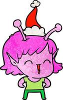 dessin animé texturé d'une fille extraterrestre riant portant un bonnet de noel vecteur