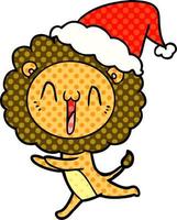 heureux, style bande dessinée, illustration, de, a, lion, porter, santa chapeau vecteur