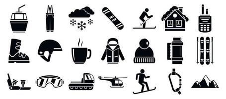 jeu d'icônes de station de ski de montagne, style simple vecteur