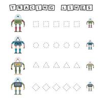 feuille de travail de ligne de trace avec des robots pour les enfants, pratiquant la motricité fine. jeu éducatif pour les enfants d'âge préscolaire. vecteur