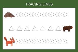 jeu de lignes de traçage avec des animaux amusants. feuille de travail pour les enfants d'âge préscolaire, feuille d'activité pour enfants, feuille de travail imprimable vecteur