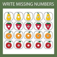 la tâche consiste à écrire les numéros perdus de 1 à 20. exercices pédagogiques pour les enfants d'âge préscolaire vecteur