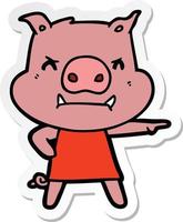 autocollant d'un cochon de dessin animé en colère en robe pointant vecteur